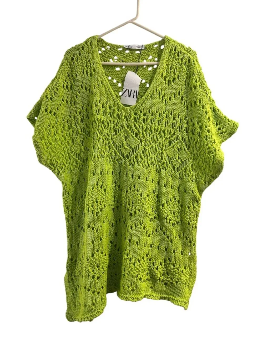 Zara Crochet Open Knit Tunic Top Womens M-L Green Asymmetrical Cover-Up Beach